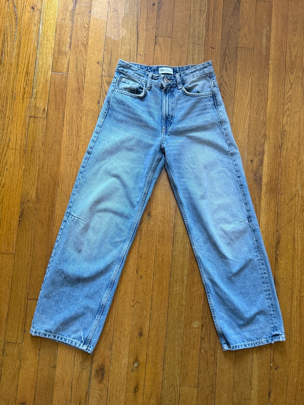 Zara: mid-rise, light wash, straight-leg jeans